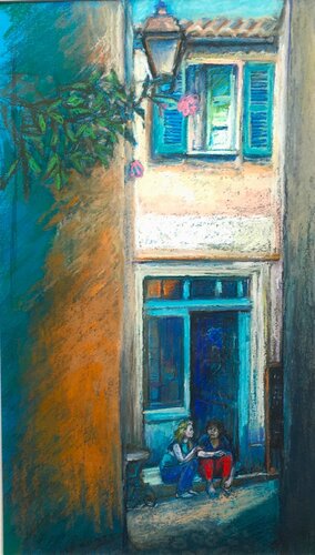 Two girls by the open doorway a French cafe scene von Patricia Clements, Zeichnungen kaufen auf Singulart