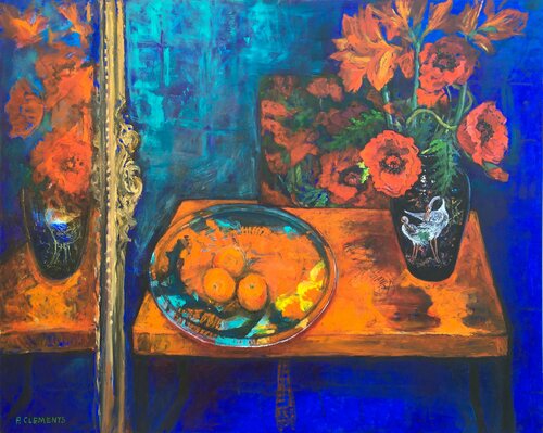STILL LIFE WITH THREE ORANGES AND MIRROR REFLECTIONS EXTRA LARGE von Patricia Clements, Malerei kaufen auf Singulart