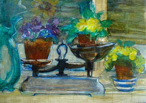Scales with Primroses still life Patricia Clements