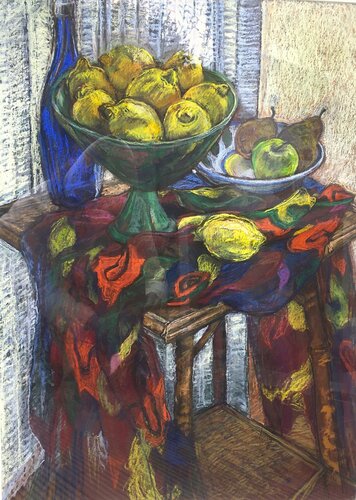 Rustic still life with Lemons and a colourful scarf von Patricia Clements, Malerei kaufen auf Singulart