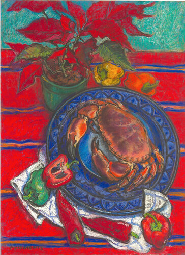 Still life with Crab, sweet peppers and Red Poinsettia, van Patricia Clements, Tekening te koop op Singulart