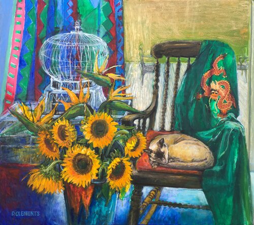 The Cat, the Birdcage, the Dragon Kimono and Sunflowers still life von Patricia Clements, Malerei kaufen auf Singulart