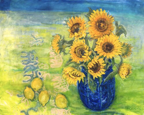 Sunflowers with Lemons and African cloth von Patricia Clements, Malerei kaufen auf Singulart