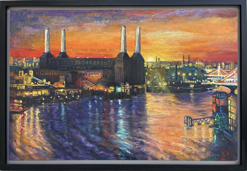 Sun setting behind Battersea Power Station London di Patricia Clements, Pittura in vendita su Singulart