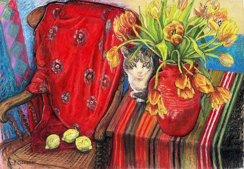 Jasper cat among the Tulips von Patricia Clements, Werk auf Papier kaufen auf Singulart