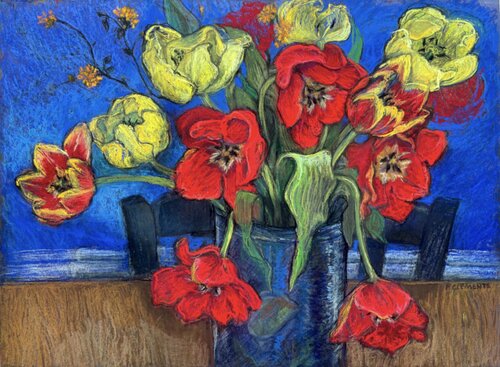 Tulips with Cobalt Blue von Patricia Clements, Werk auf Papier kaufen auf Singulart