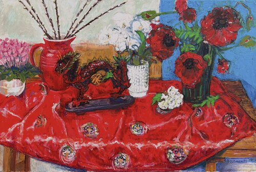 Dragon and Red Kimono still life von Patricia Clements, Malerei kaufen auf Singulart