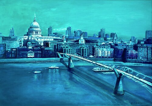 London Blues, large cityscape of St Pauls Cathedral and Millenium Bridge von Patricia Clements, Malerei kaufen auf Singulart