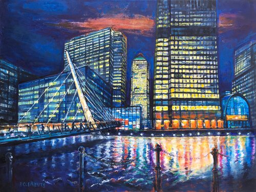 Bridge to canary Wharf, London Cityscape van Patricia Clements, Schilderij te koop op Singulart
