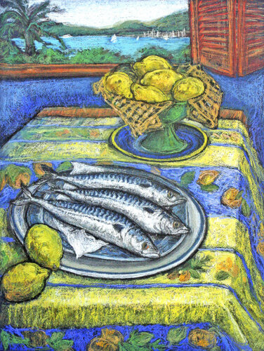 Three fish with a window view von Patricia Clements, Malerei kaufen auf Singulart