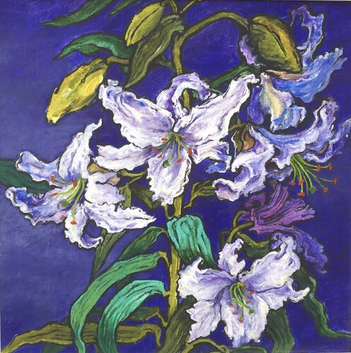 White Lily with purple background di Patricia Clements, Pittura in vendita su Singulart