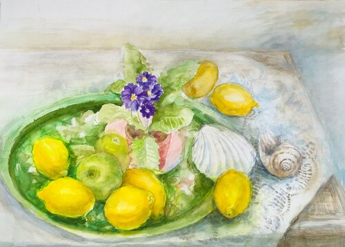 Shells with Lemons still life von Patricia Clements, Werk auf Papier kaufen auf Singulart