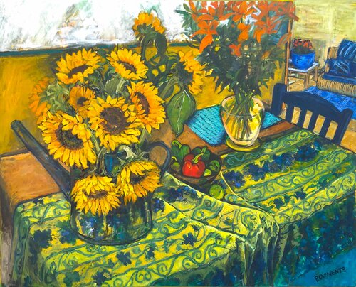 Sunflowers and French Tablecloth still Life, large van Patricia Clements, Schilderij te koop op Singulart