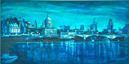 St Pauls Cathedral London Cityscape in Indigo Blue van Patricia Clements, Schilderij te koop op Singulart
