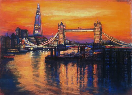 Sunsetting over the Shard and Towerbridge van Patricia Clements, Tekening te koop op Singulart