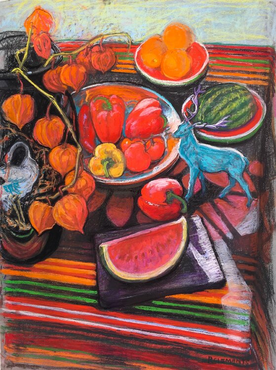 Still life with a blue Stag and Chinese Lanterns Patricia Clements