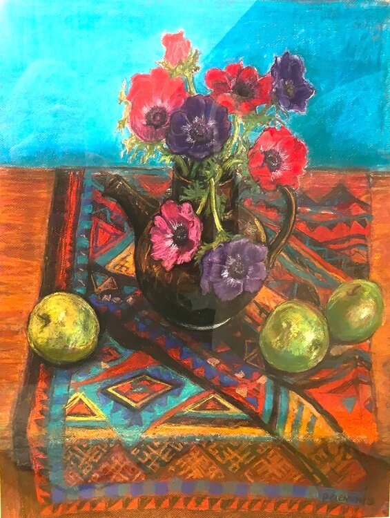 Anemones in a black pot still life Patricia Clements
