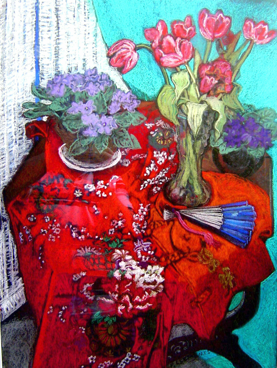 Red Chinese Kimono and Fan still life Patricia Clements Werk auf Papier zu verkaufen