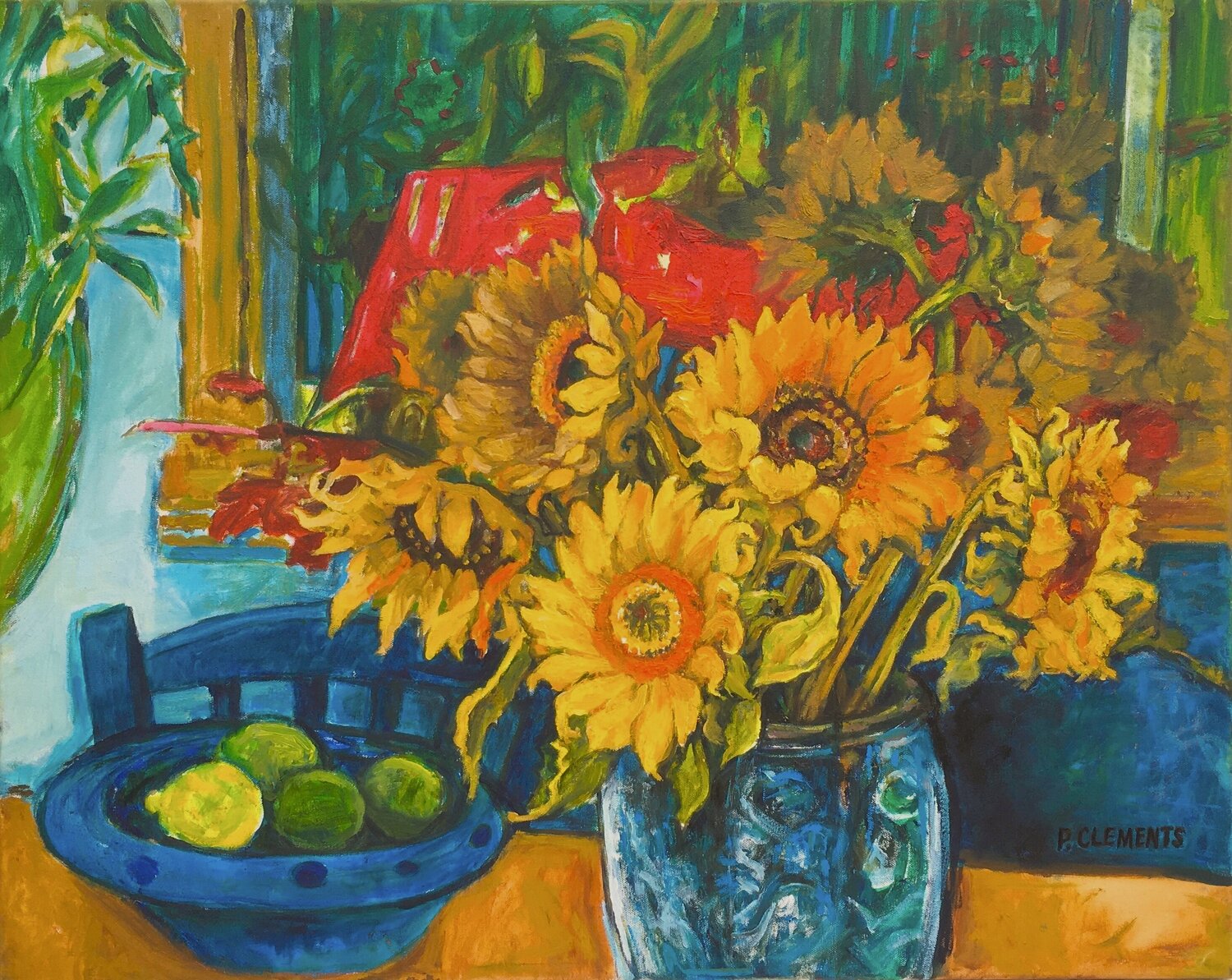 Sunflowers Lemon and Limes still life Patricia Clements Originalgemälde zu verkaufen