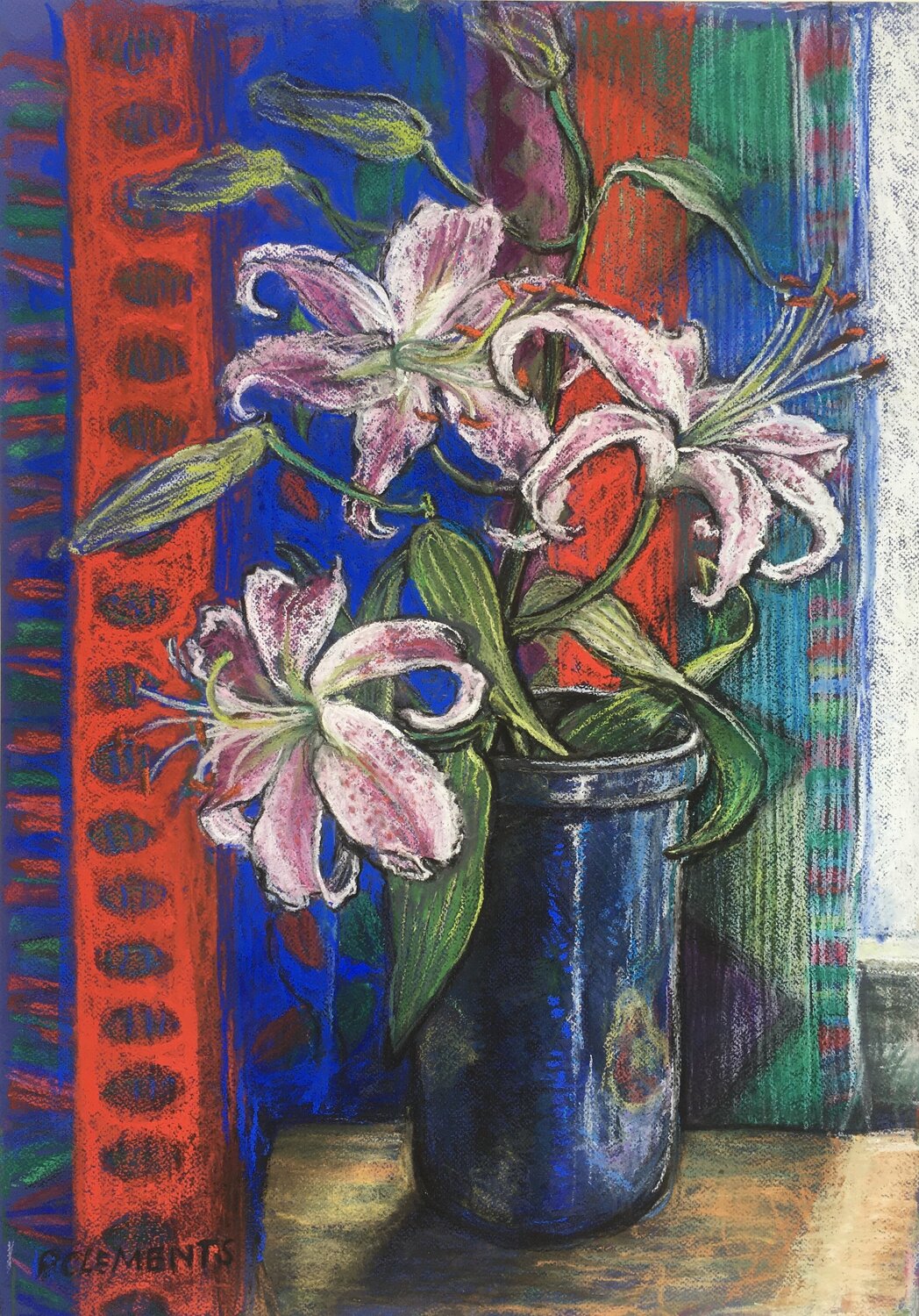 Still life with Lilies and Striped Curtain Patricia Clements Originalgemälde zu verkaufen