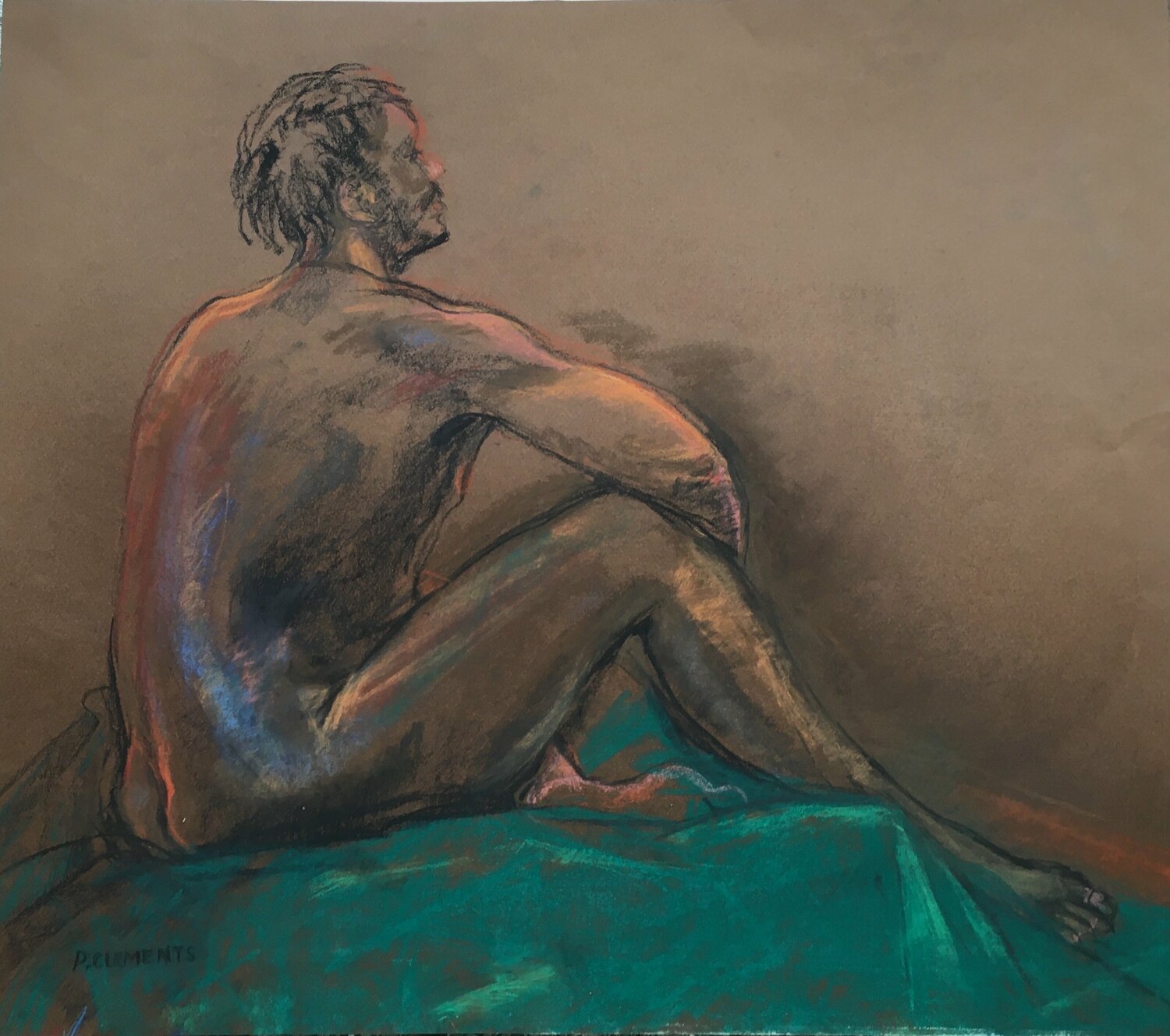 Contemplation a Male Nude Study with Green cloth Patricia Clements Werk auf Papier zu verkaufen
