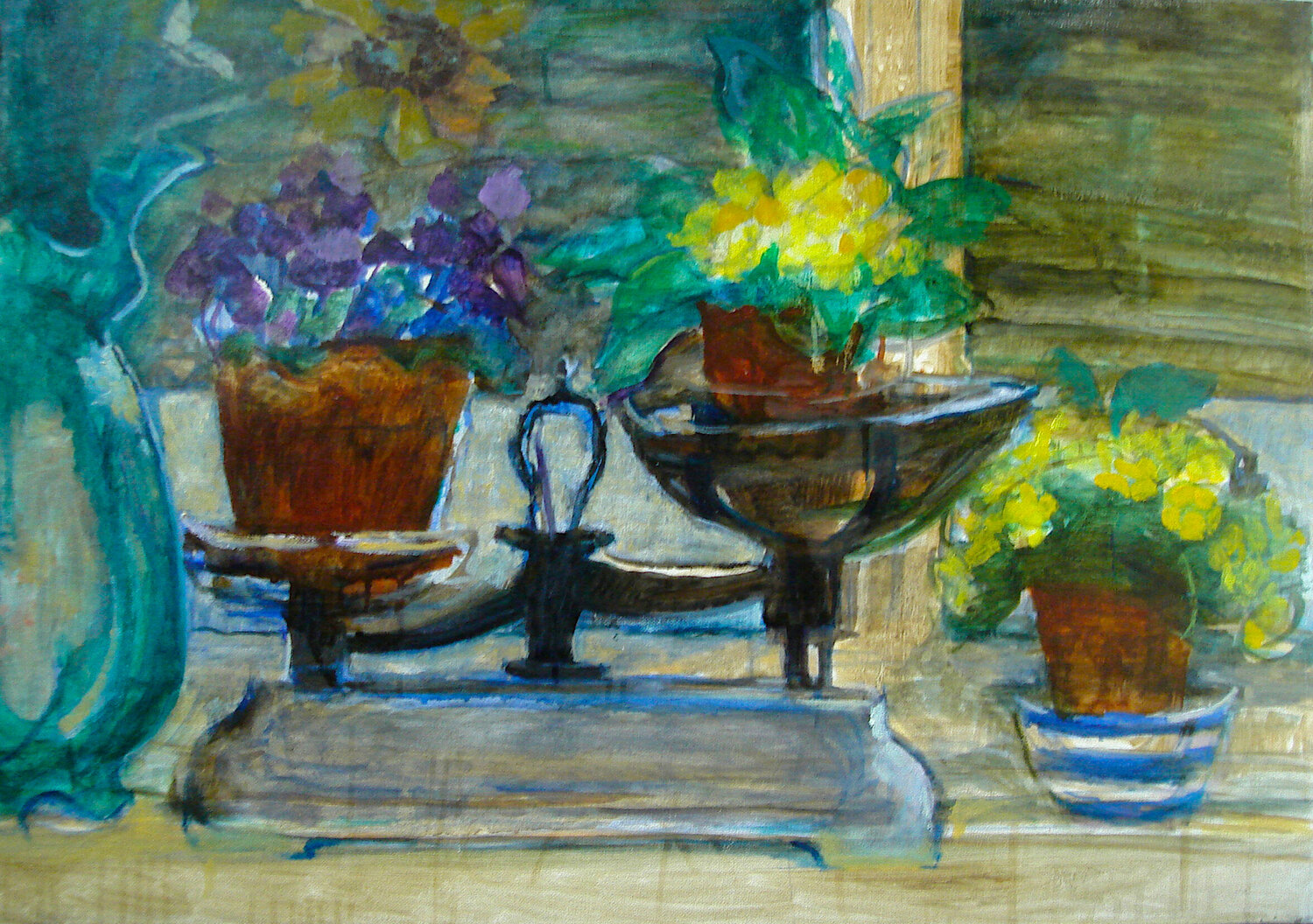 Scales with Primroses still life Patricia Clements