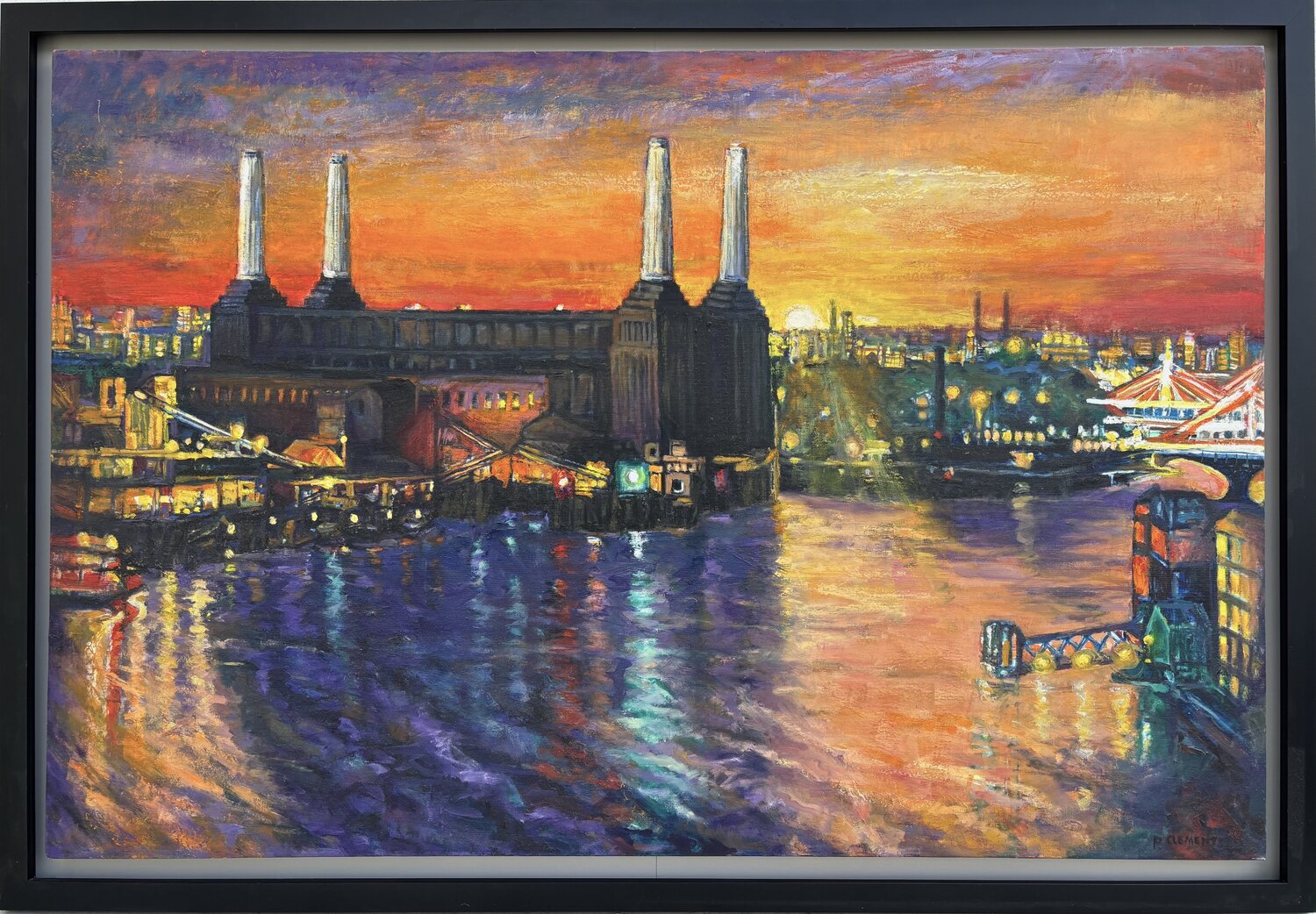 Sun setting behind Battersea Power Station London Patricia Clements Originalgemälde zu verkaufen