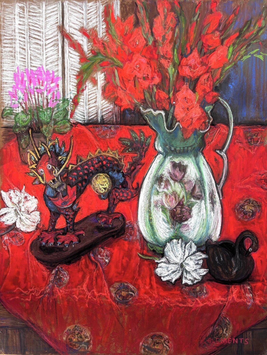 Cyclamen, Gladioli with a  dragon still life Patricia Clements Werk auf Papier zu verkaufen