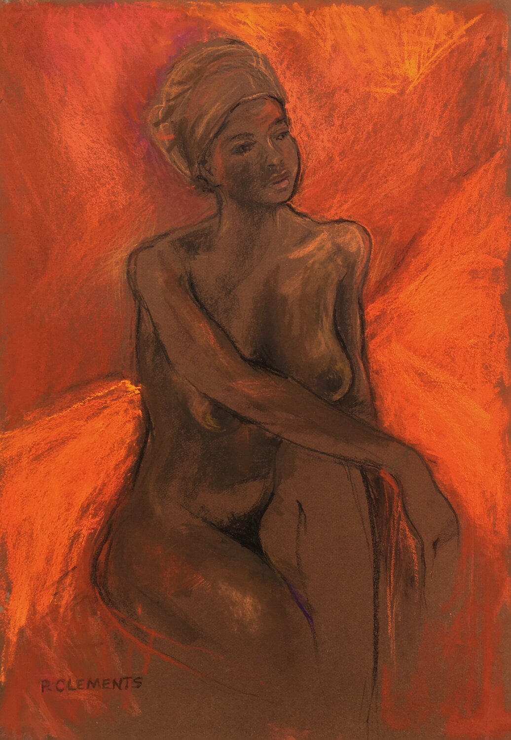 Nude girl with orange drapes Patricia Clements Werk auf Papier zu verkaufen