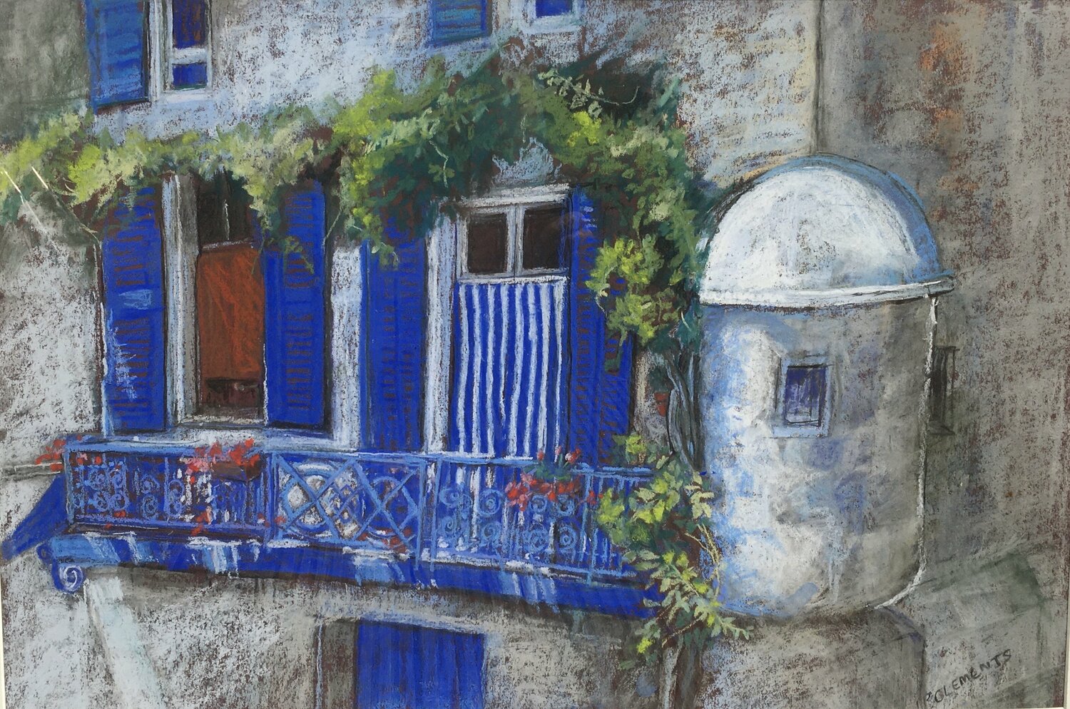 Blue Shutters in France Patricia Clements Originalgemälde zu verkaufen