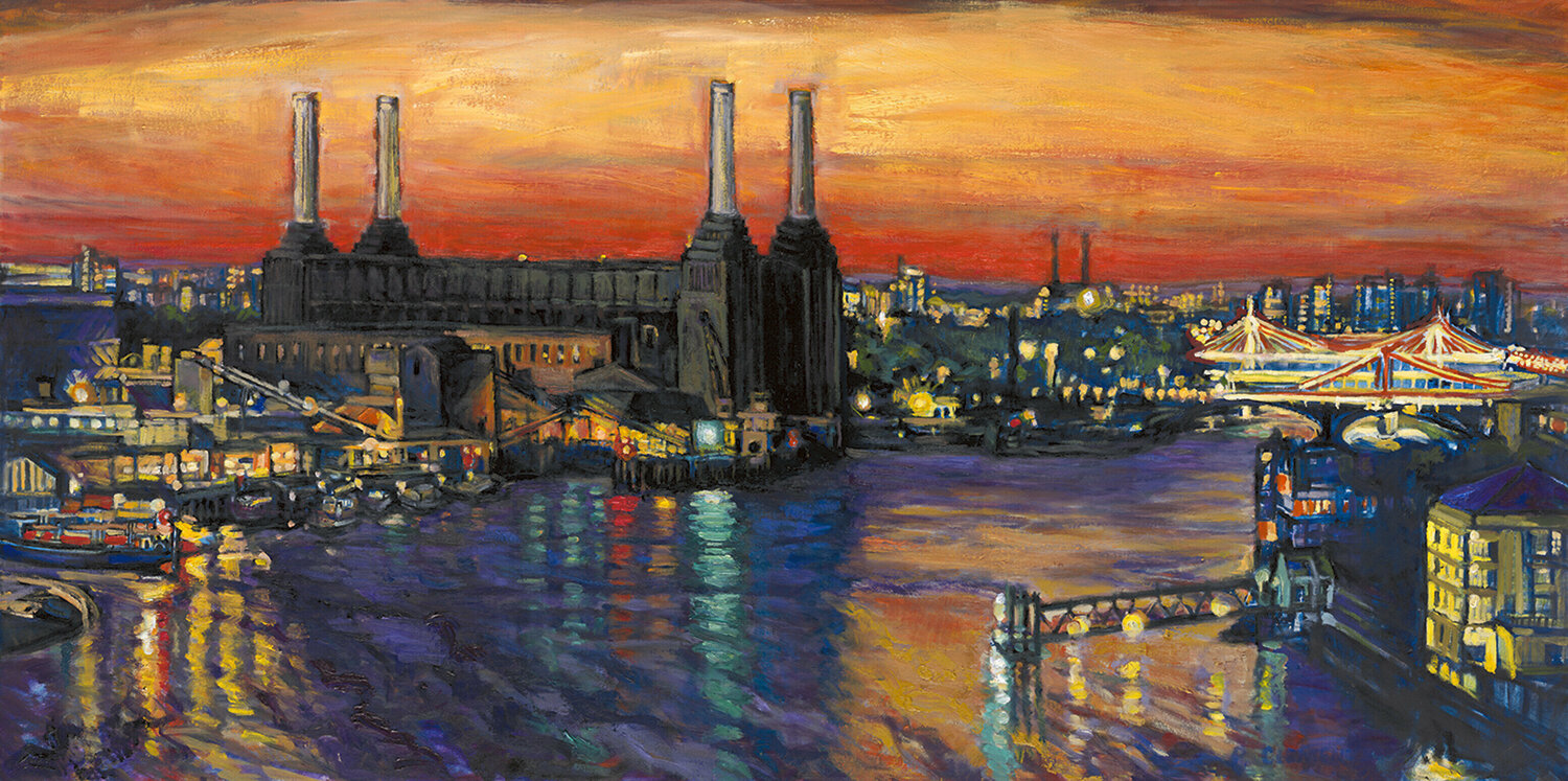 Battersea Power Station and Bridges Patricia Clements Originalgemälde zu verkaufen