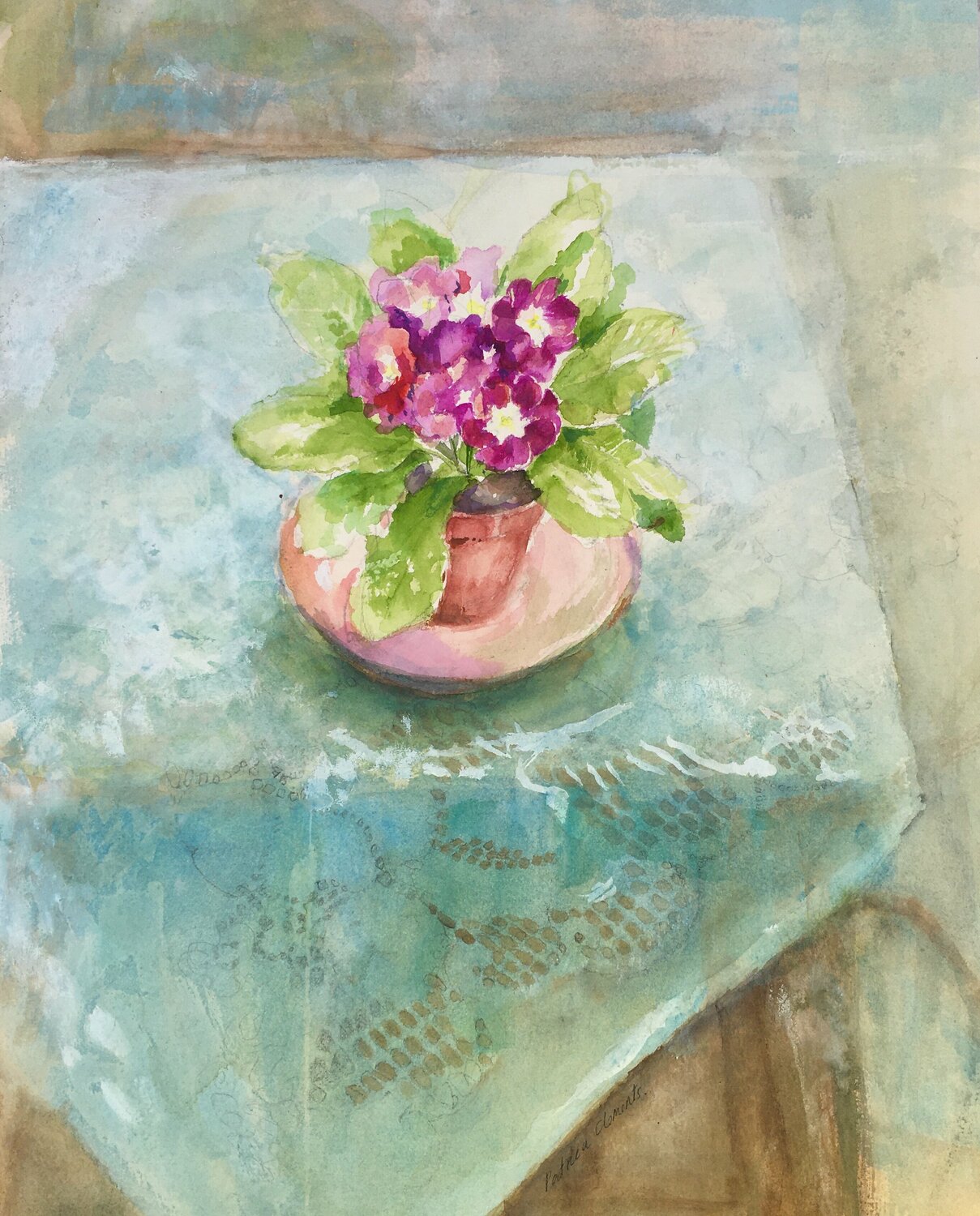 Lace cloth and Purple Primula still life Patricia Clements Werk auf Papier zu verkaufen