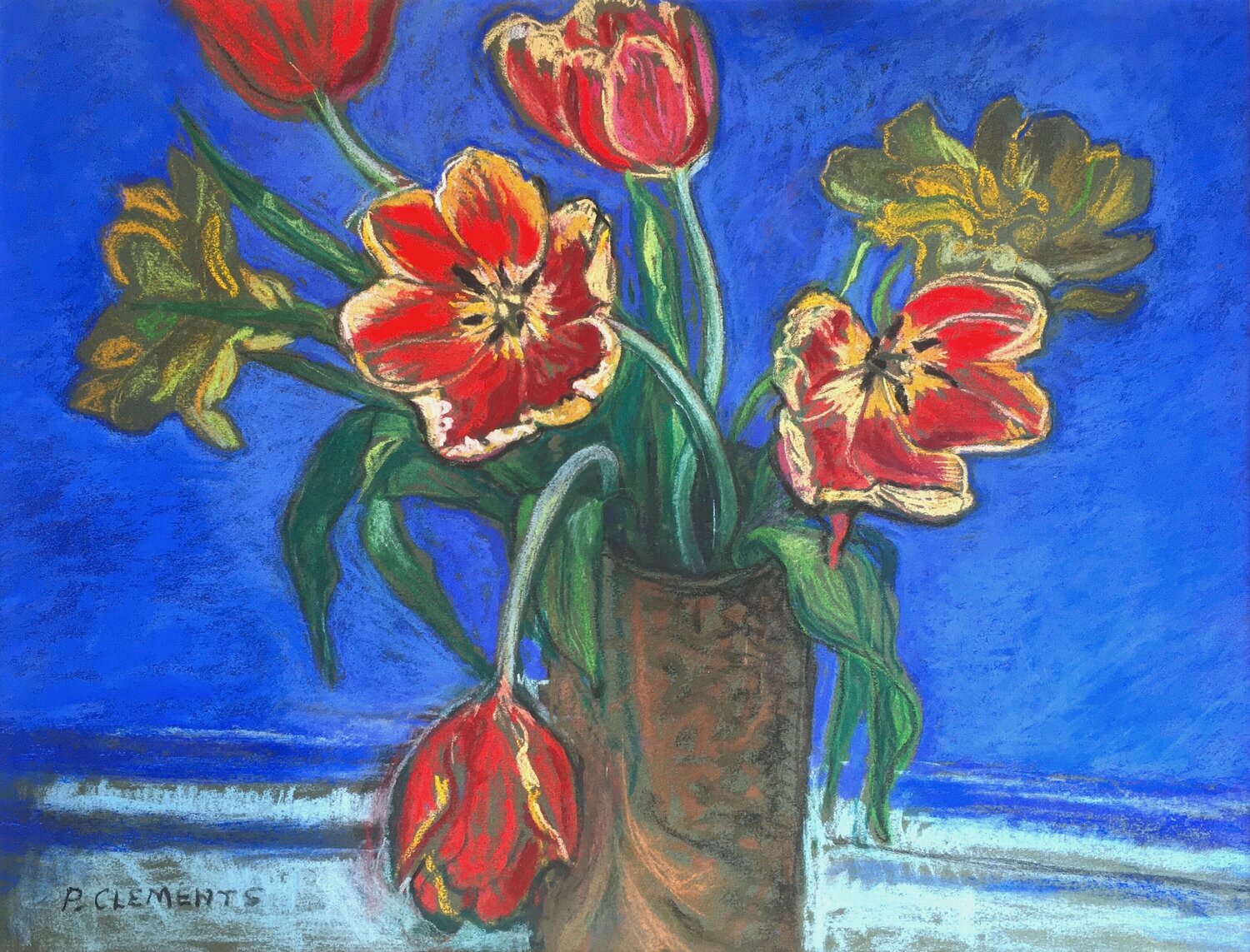 Red Tulips on a blue background Patricia Clements