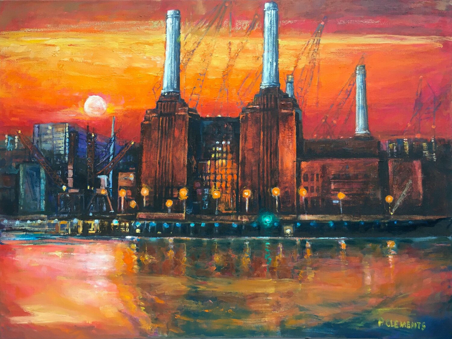 New Battersea Power Station orange sunset Patricia Clements Originalgemälde zu verkaufen