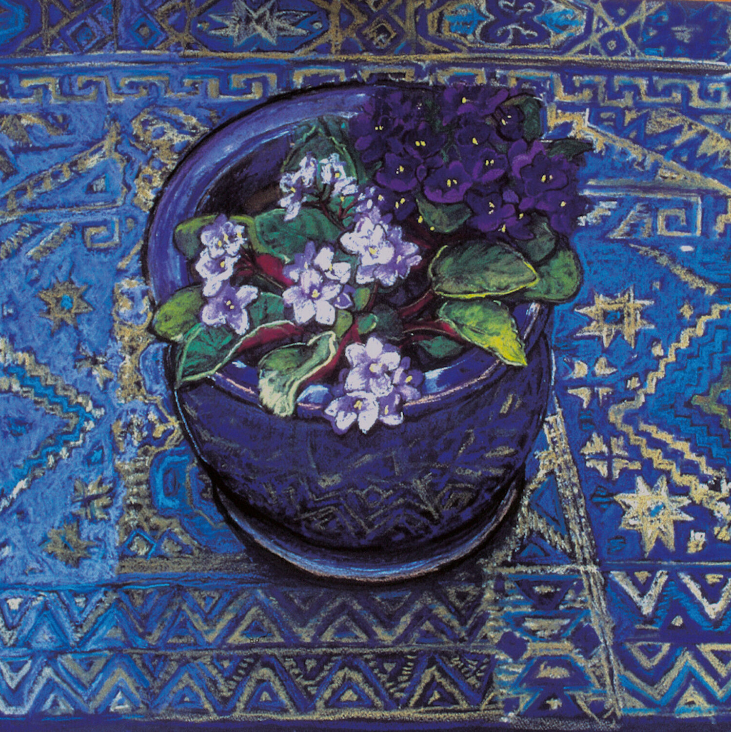 African violet flowers still life on blue patterned cloth Patricia Clements Digital zu verkaufen