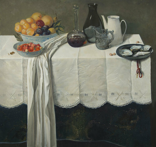 Still life with a white tablecloth by Taras Bocharov, Painting for Sale on Singulart