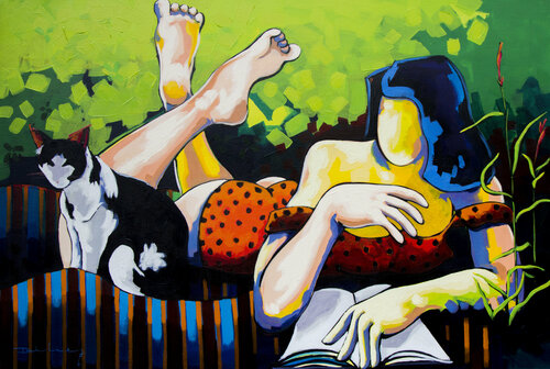 Chica leyendo sobre el césped van Didier Franco, Schilderij te koop op Singulart