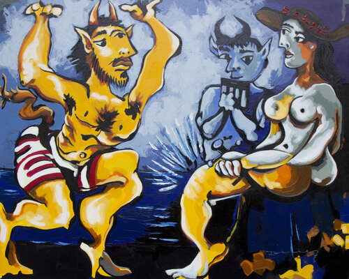 Un joven fauno tocando una serenata a una chica joven by Didier Franco, Painting for Sale on Singulart