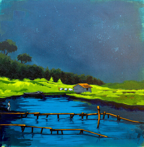 Noche de luna llena, Amazon river van Didier Franco, Schilderij te koop op Singulart