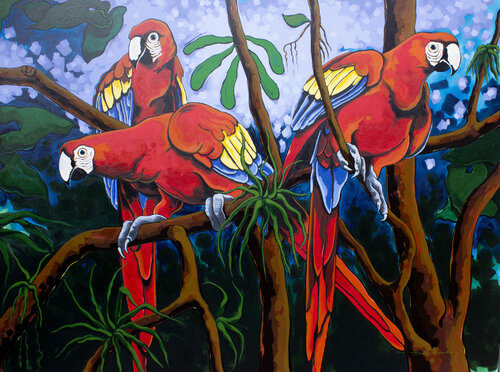 Guacamayas al atardecer. van Didier Franco, Schilderij te koop op Singulart