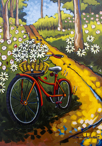 Bicicleta roja con canasta de flores van Didier Franco, Schilderij te koop op Singulart