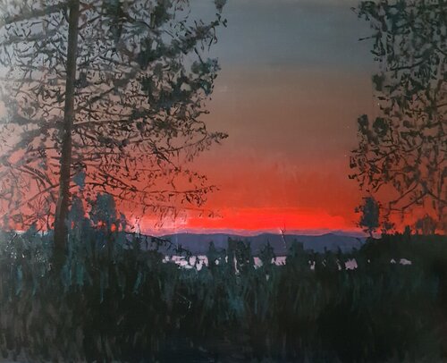 view from monte pellegrino, red sky van Luca Raimondi, Schilderij te koop op Singulart