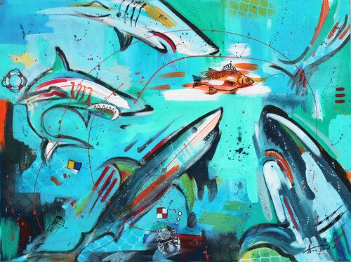 The Safety of Swimming with Sharks (3) di Ann Gadd, Pittura in vendita su Singulart