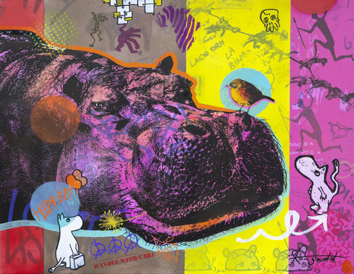 Harold the Hippie Hippo van Ann Gadd, Schilderij te koop op Singulart