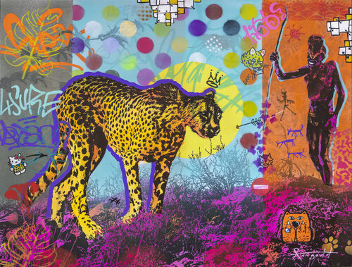 The Hunters (Cheetah and San Bushman) van Ann Gadd, Schilderij te koop op Singulart