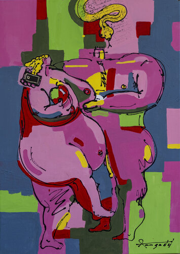 Adam and Eve (with mobile phone) von Ann Gadd, Malerei kaufen auf Singulart