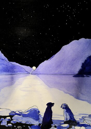 2 chiens bavardant sous la lune by Sabine Ducarn, Drawing for Sale on Singulart