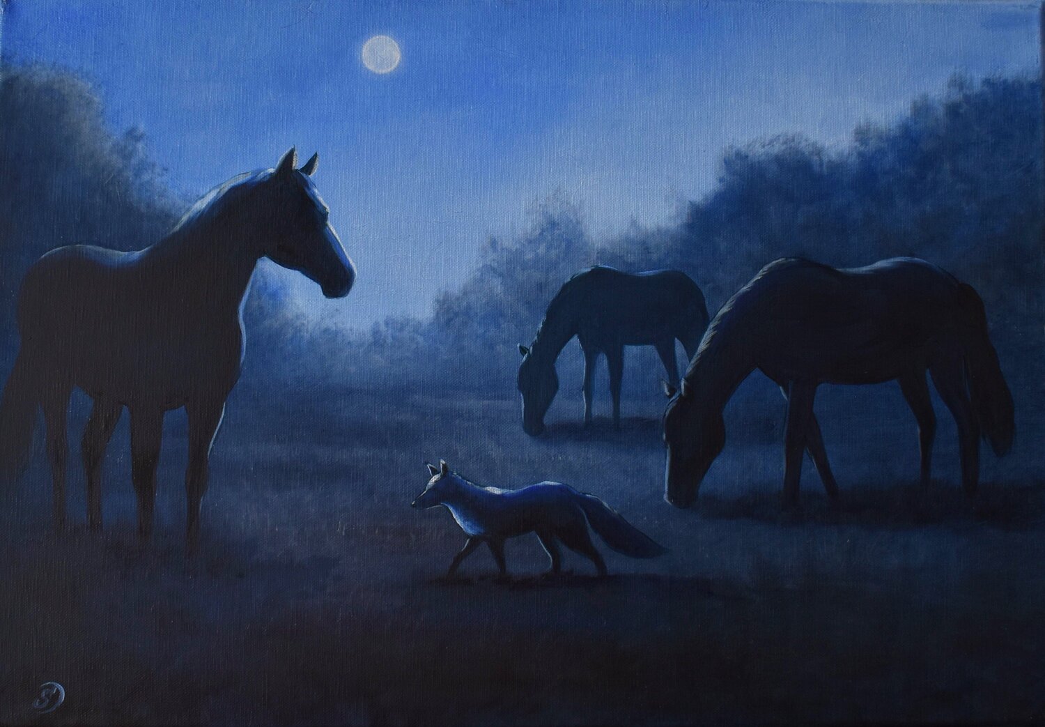 Renard et chevaux sous la lune Sabine Ducarn