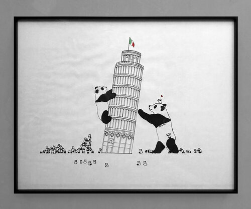 contemporary black and white landscape - line style european tower - tourists and animal pandas - Italy ( Original ) di Jia Yuan Hua, Disegno in vendita su Singulart
