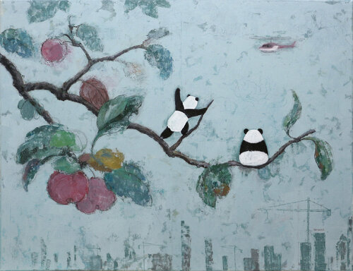 contemporary and fantasy art - green landscape - modern city - tree and animal pandas - helicopter - Hello Series - No.1 ( Original ) di Jia Yuan Hua, Pittura in vendita su Singulart